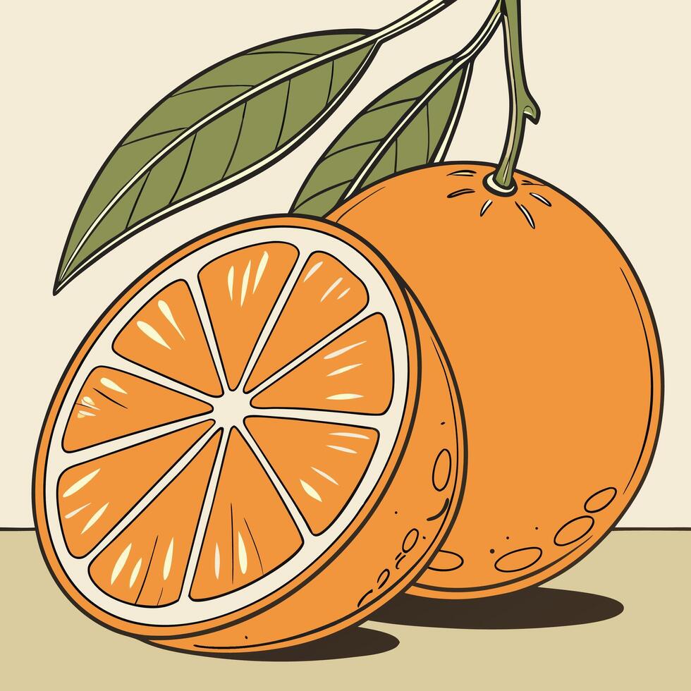 Illustration of Orange with Leaves and Half-Orange Slice vector