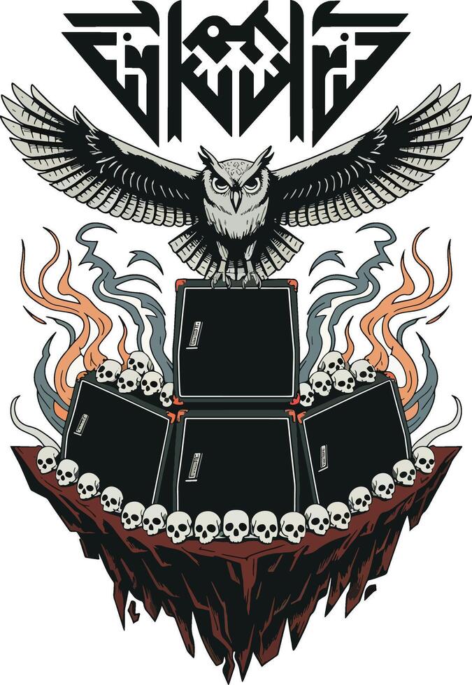 horror places with owl and head skeleton illustration photos vector