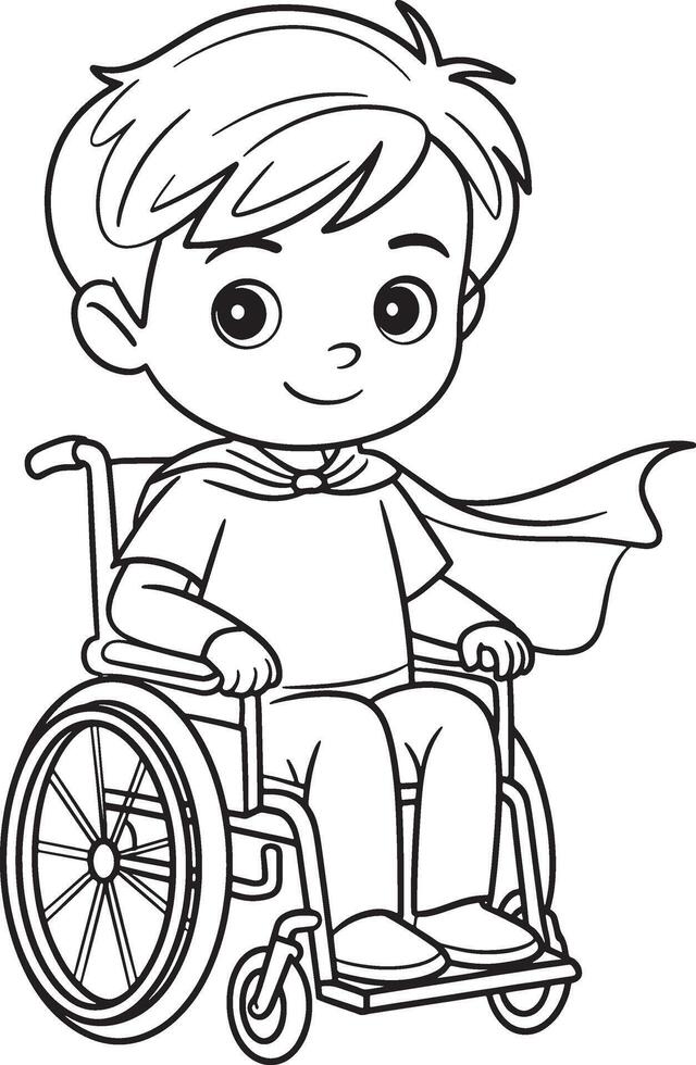 wheelchair with a supper hearo boy line art white background vector