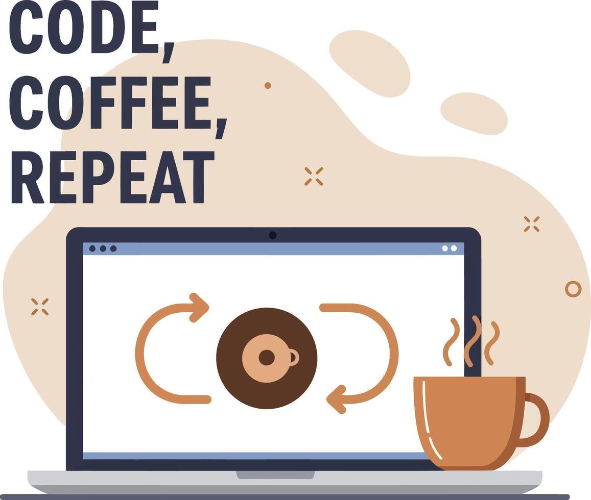 Code and Coffee Repeat Laptop Illustration for T-shirt Printing and Creative Projects vector