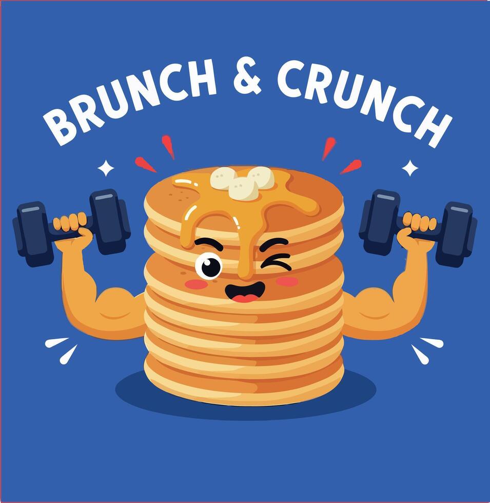 Pancake stack with muscular arms lifting dumbbells healthy brunch illustration for tshirt designs vector