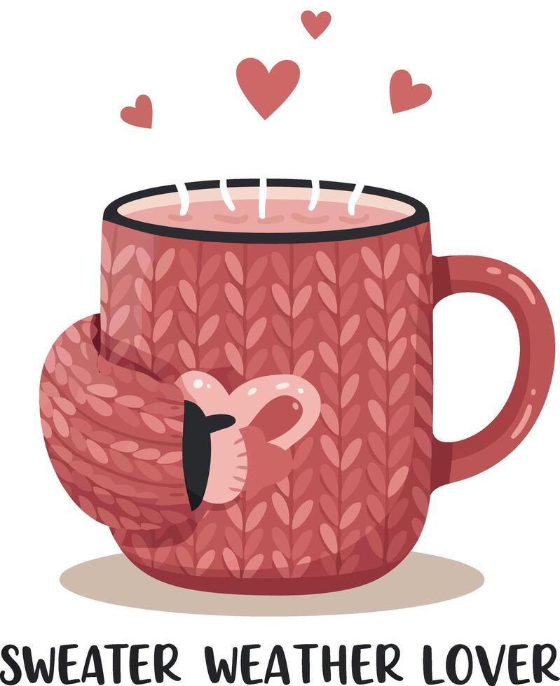 Sweater Weather Lover Cozy Warm Mug with Heart and Knitted Sleeve Illustration for Tshirt Print Projects vector