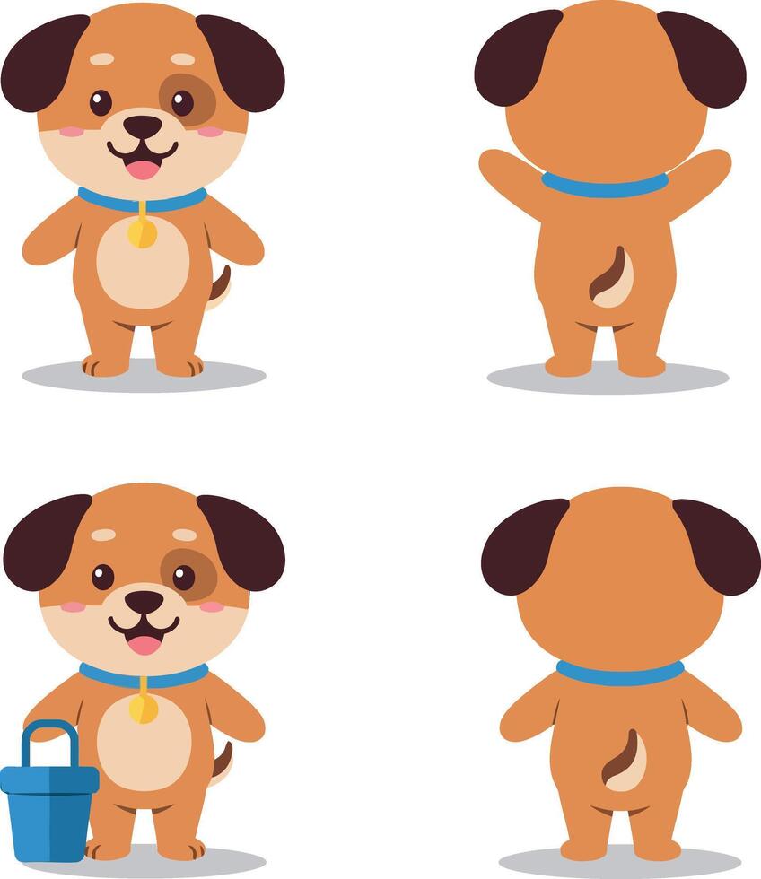 Cute cartoon dog front and back view with collar and bucket illustration for t-shirt design projects vector