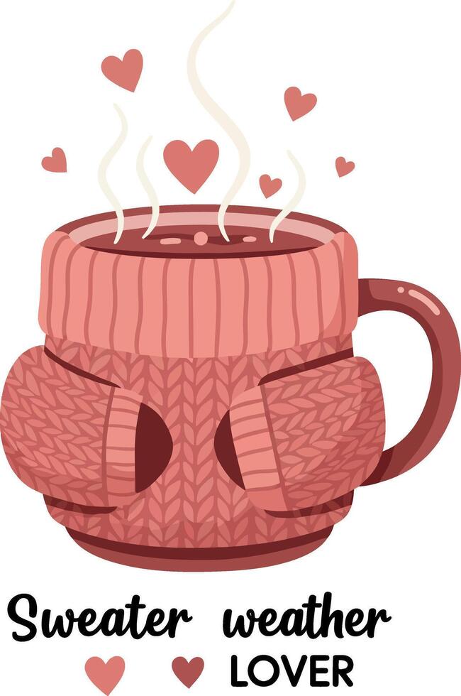 Cozy sweater wrapped coffee mug with hearts steam illustration for tshirt printing projects vector