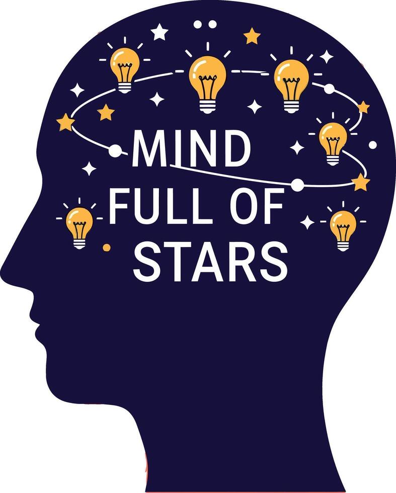 Human Head Silhouette with Mind Full of Stars and Lightbulb Ideas Illustration for Creative Projects vector