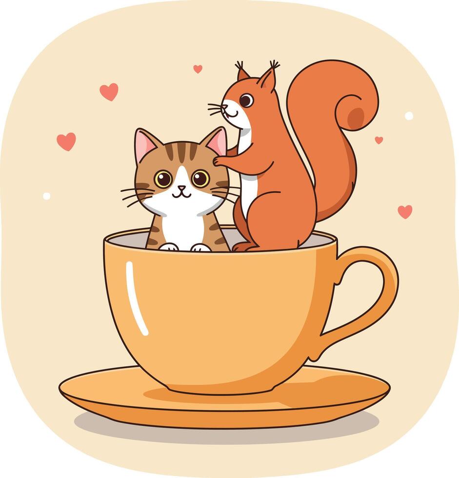 Cute cat and squirrel sitting inside yellow teacup with hearts illustration for t-shirt designs and cup prints vector