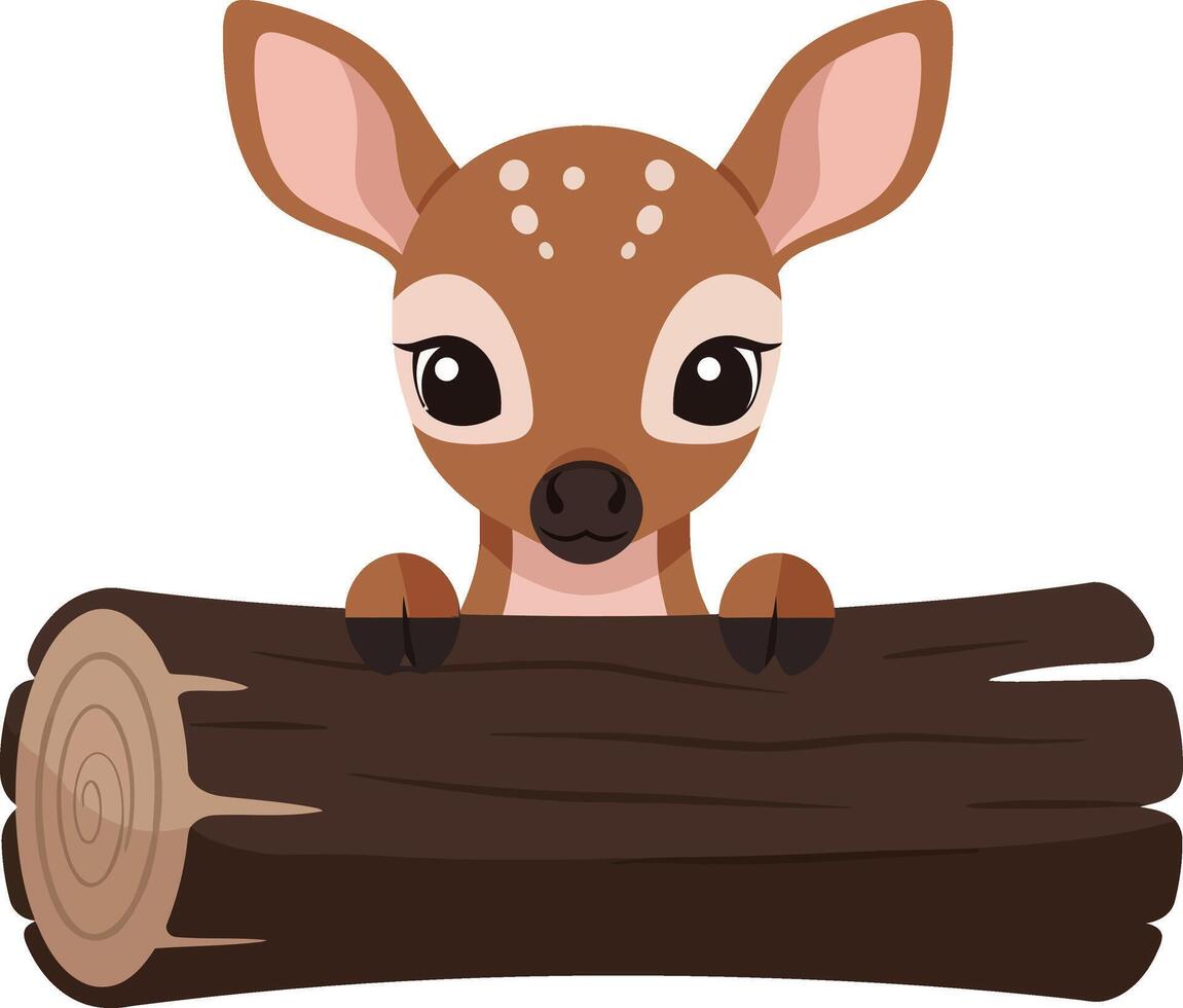 Cute fawn peeking over wooden log illustration for tshirt projects vector