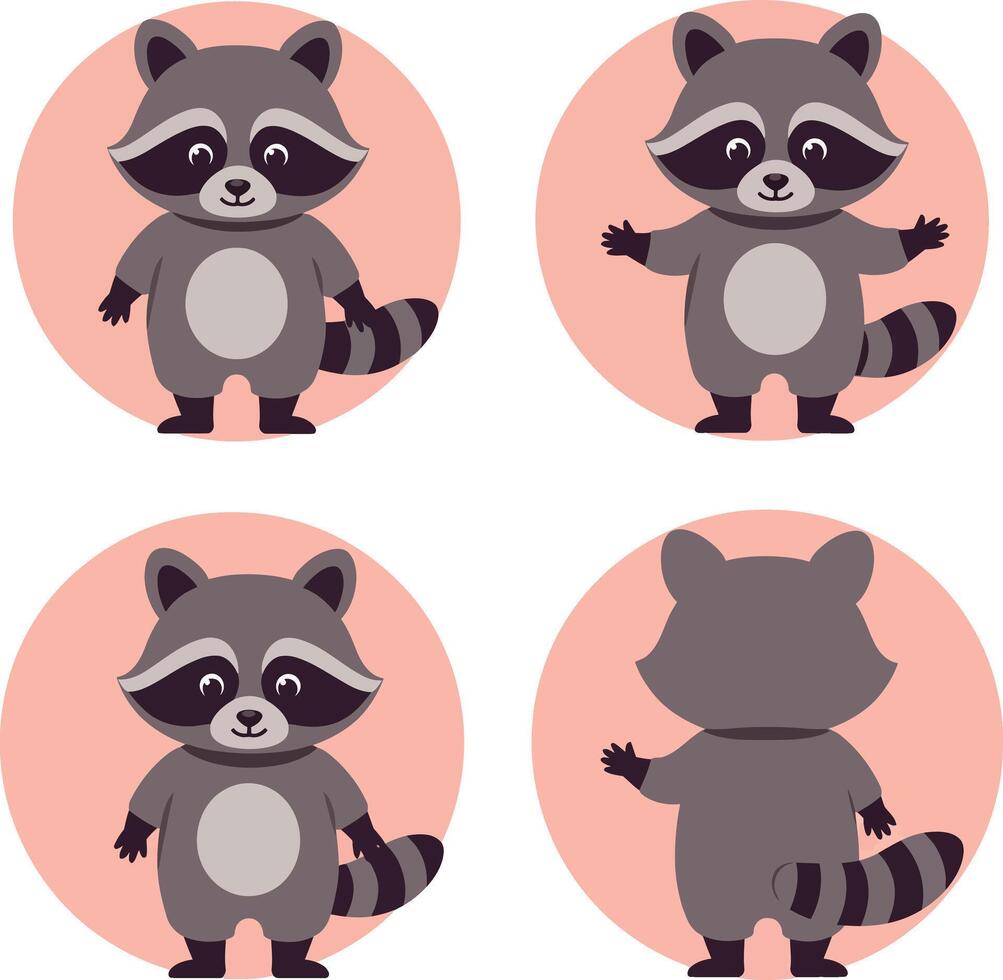 Cute raccoon illustration set for t-shirt printing and craft projects with playful poses vector