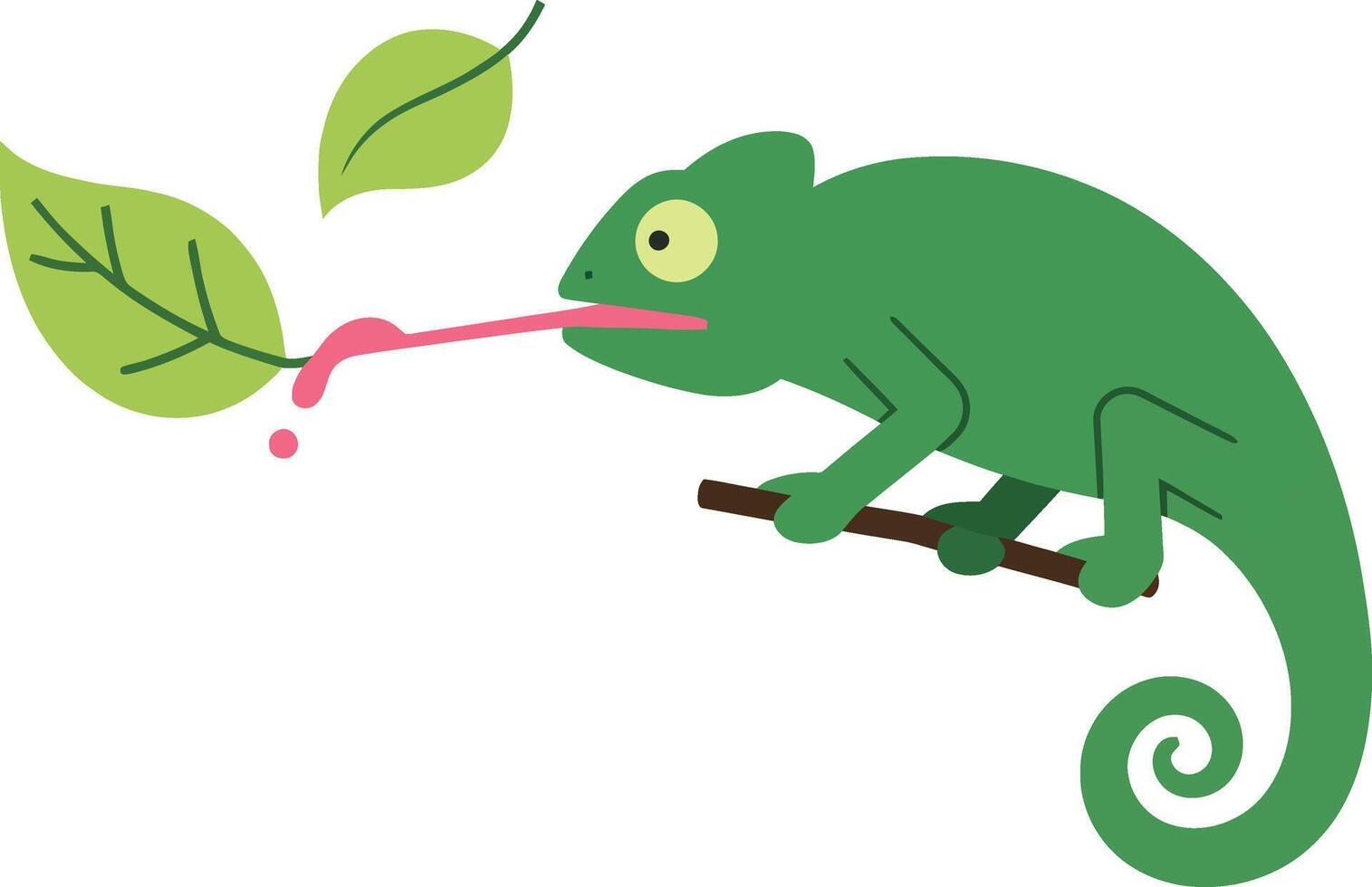 Green chameleon catching leaves with long tongue illustration design for t-shirt projects vector