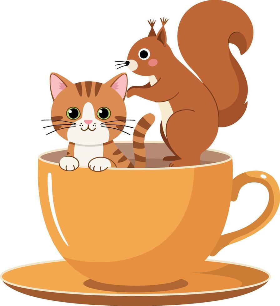 Cute cat and squirrel sitting inside orange teacup illustration for t-shirt printing and projects vector