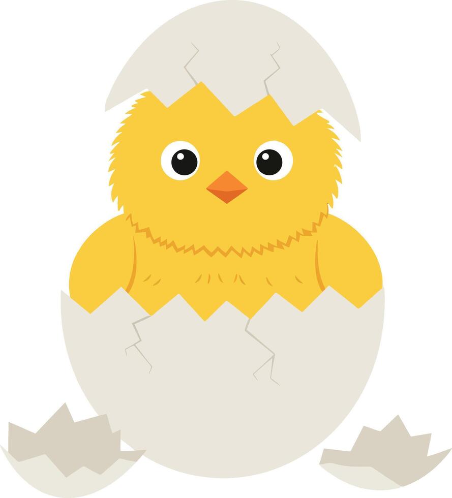 Cute yellow chick hatching from cracked white eggshell illustration for tshirt printing projects vector