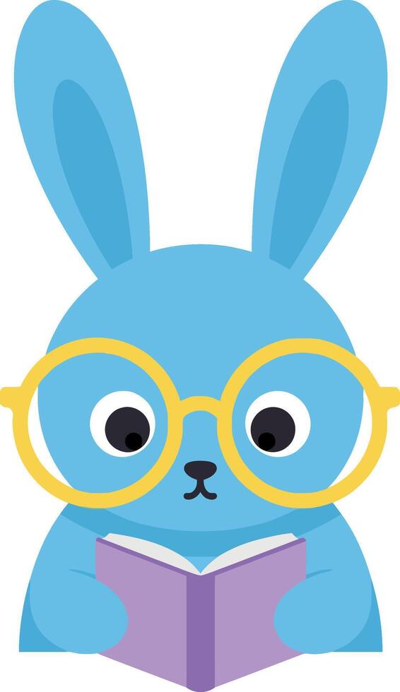 Cute blue bunny reading book with yellow glasses illustration ideal for tshirt prints and craft projects vector