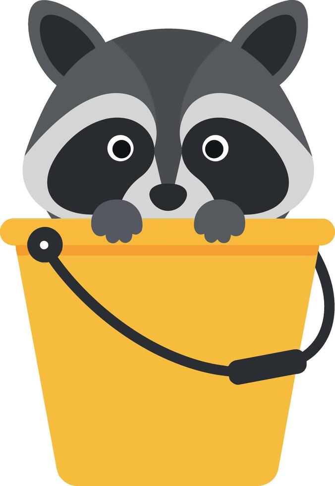 Raccoon peeking from yellow bucket illustration for tshirt printing and craft projects vector
