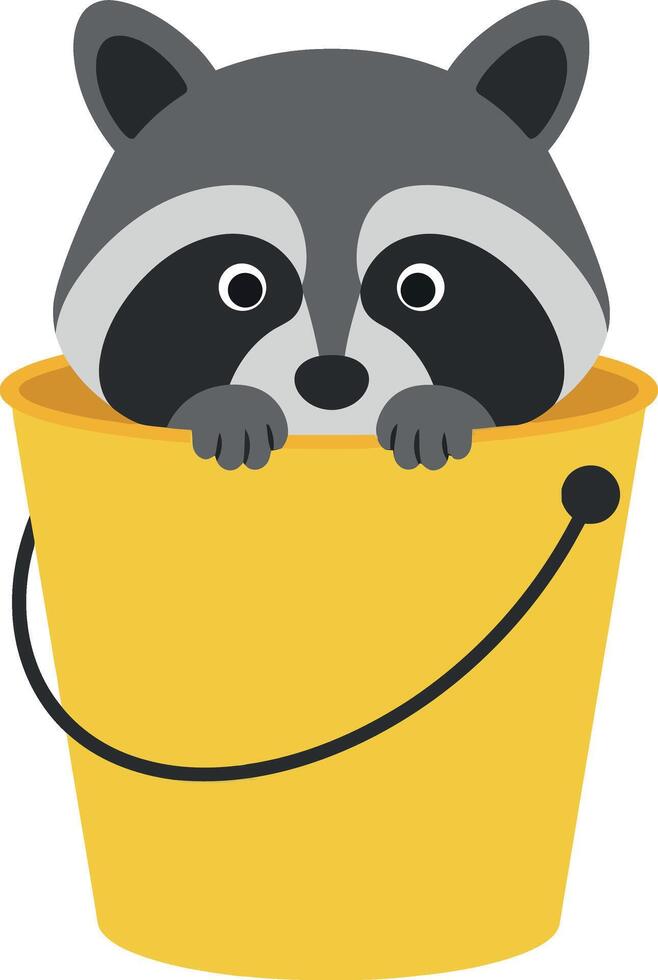 Cute raccoon peeking out of yellow bucket illustration ideal for tshirt print projects vector