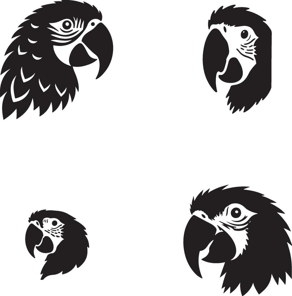 The Black and white illustration of parrot heads, macaw and cockatoo stylized portraits, clean silhouette, minimal tribal style, bold contrast, flat design, detailed feathers and beak art.. vector
