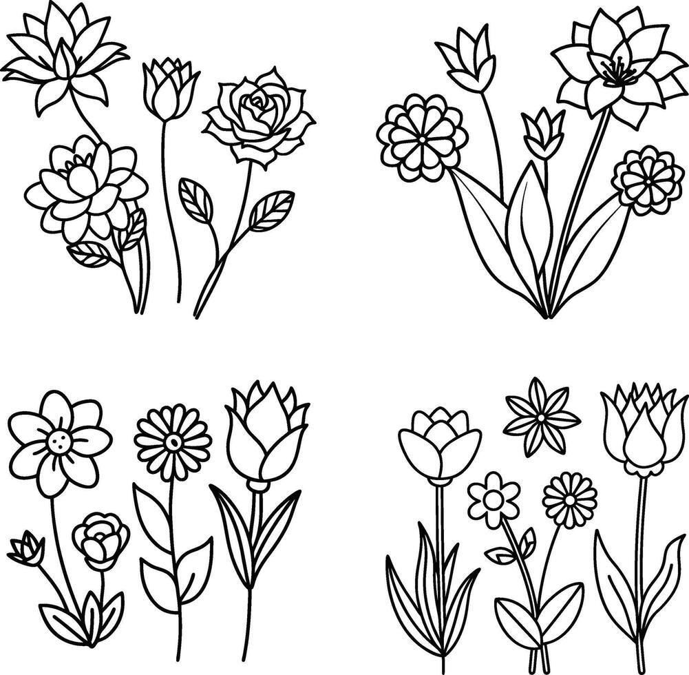 A nice set of black and white floral line drawings, various flower types including tulip, daisy, rose, lotus, and abstract blossoms, minimal outline illustration, white background, kid-friendly style. vector