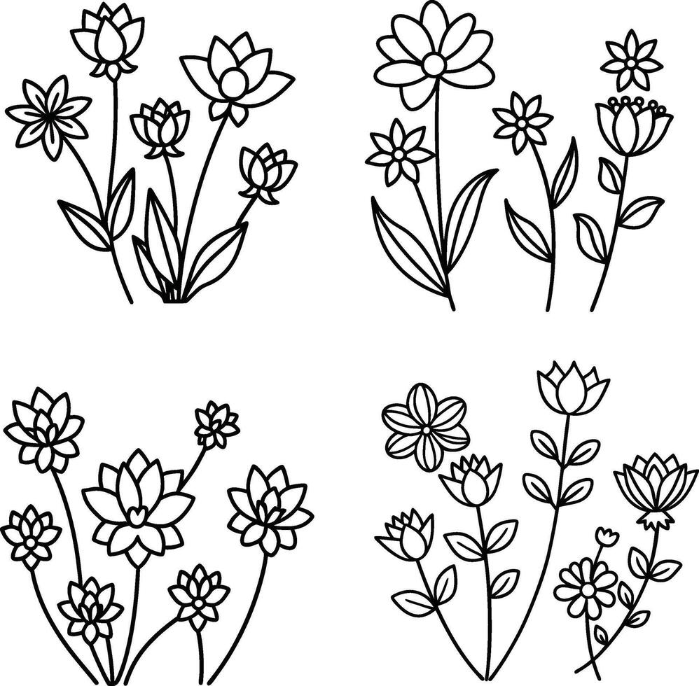 A set of black and white floral line drawings, various flower types including tulip, daisy, rose, lotus, and abstract blossoms, minimal outline illustration, white background. vector