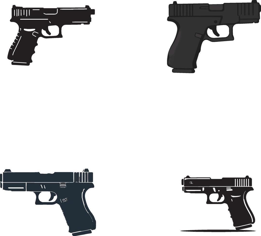 Black and white illustration of modern handguns, isolated on white background, minimalistic firearm art, flat design, high contrast weapon silhouettes, digital clipart style, clean line art. vector