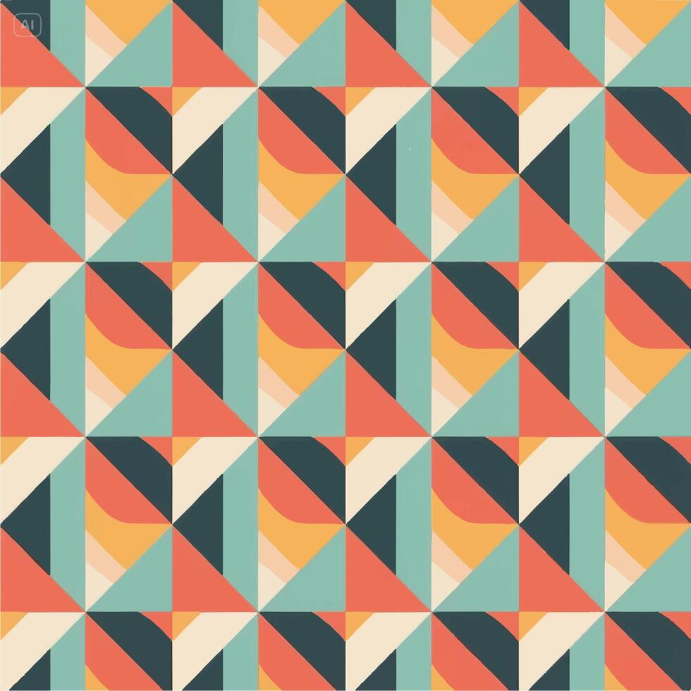 Vibrant retro tribal geometric pattern, mid-century modern color palette, seamless textile design, abstract ethnic motifs, symmetrical layout, bold vintage shapes, high contrast, flat art . vector
