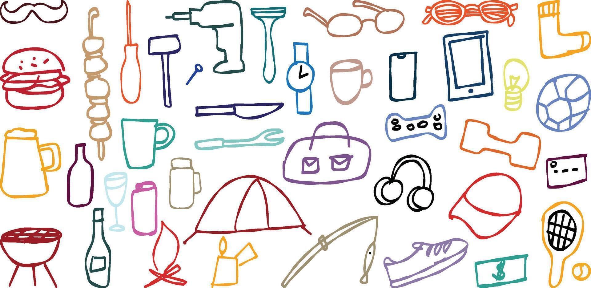 Colorful doodle icons celebrating father s day with tools, sports, and food vector