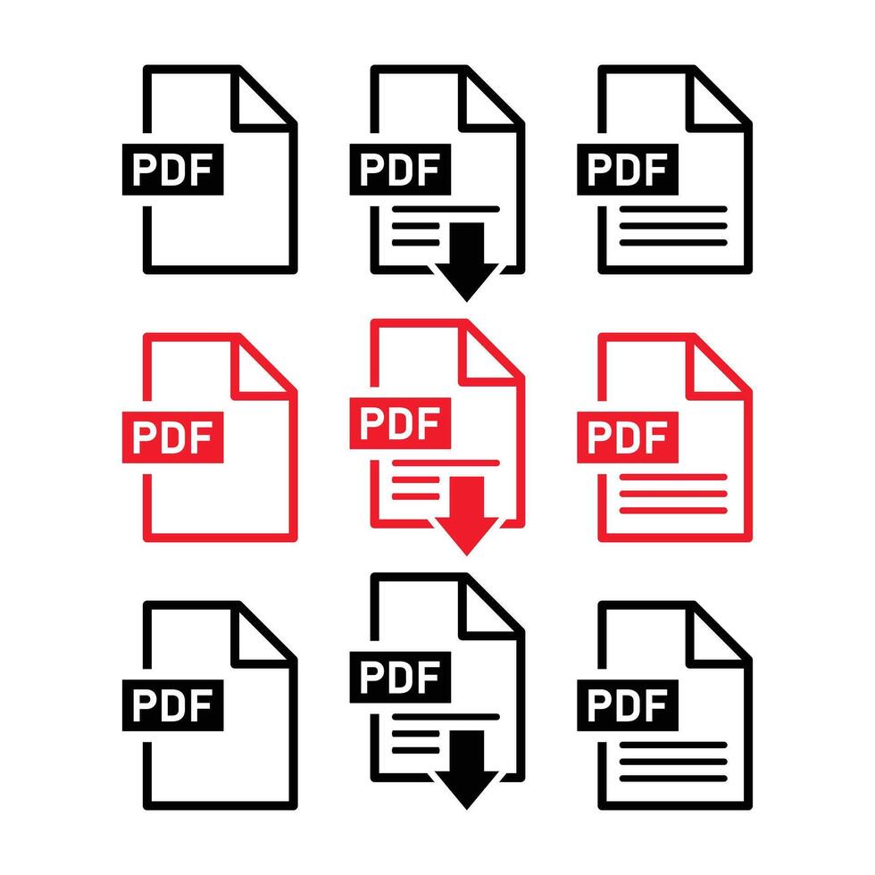 PDF file format icons set.PDF format symbols and downloads in different styles. Format for texts, images, interactive. PDF sign. vector