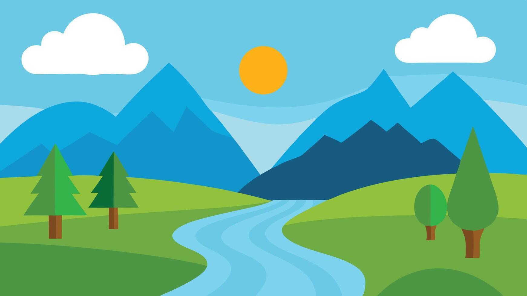 Cartoon nature 2d river and sun background vector
