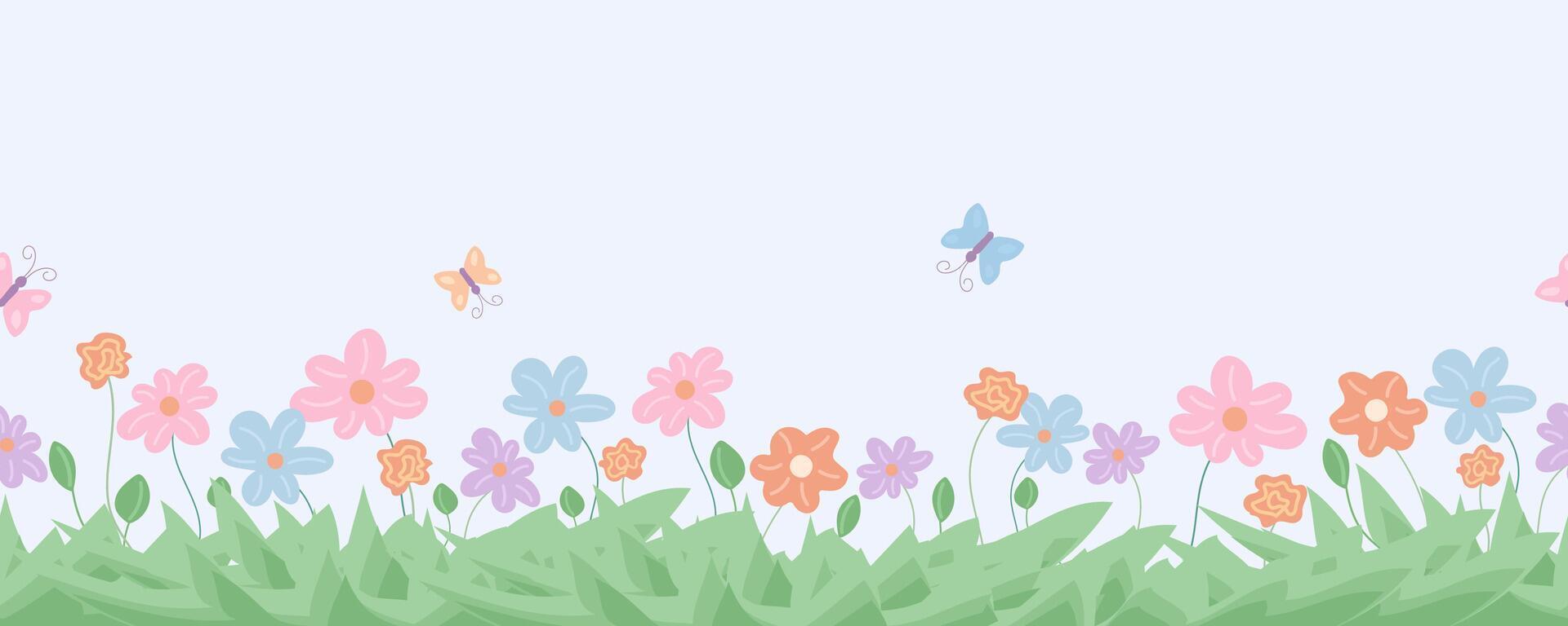 Seamless floral border with grass and butterflies vector