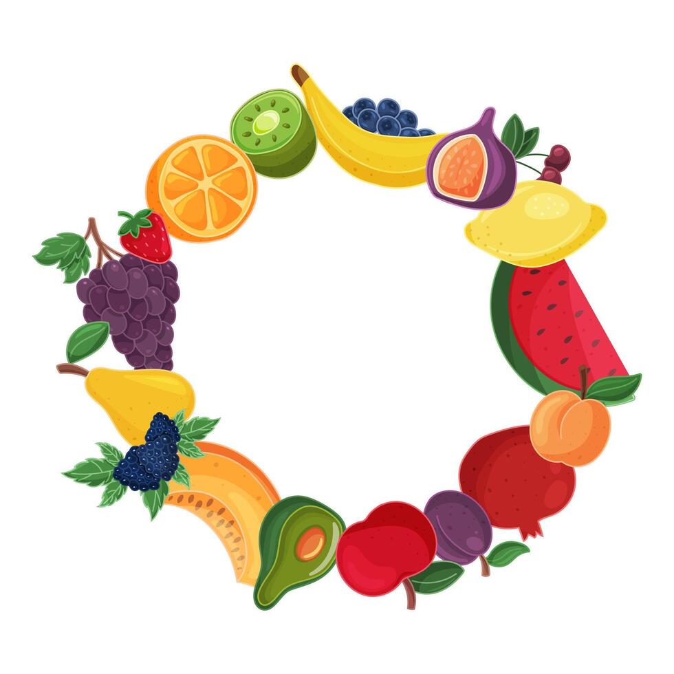 Fruit wreath with various tropical fruits isolated on white background vector