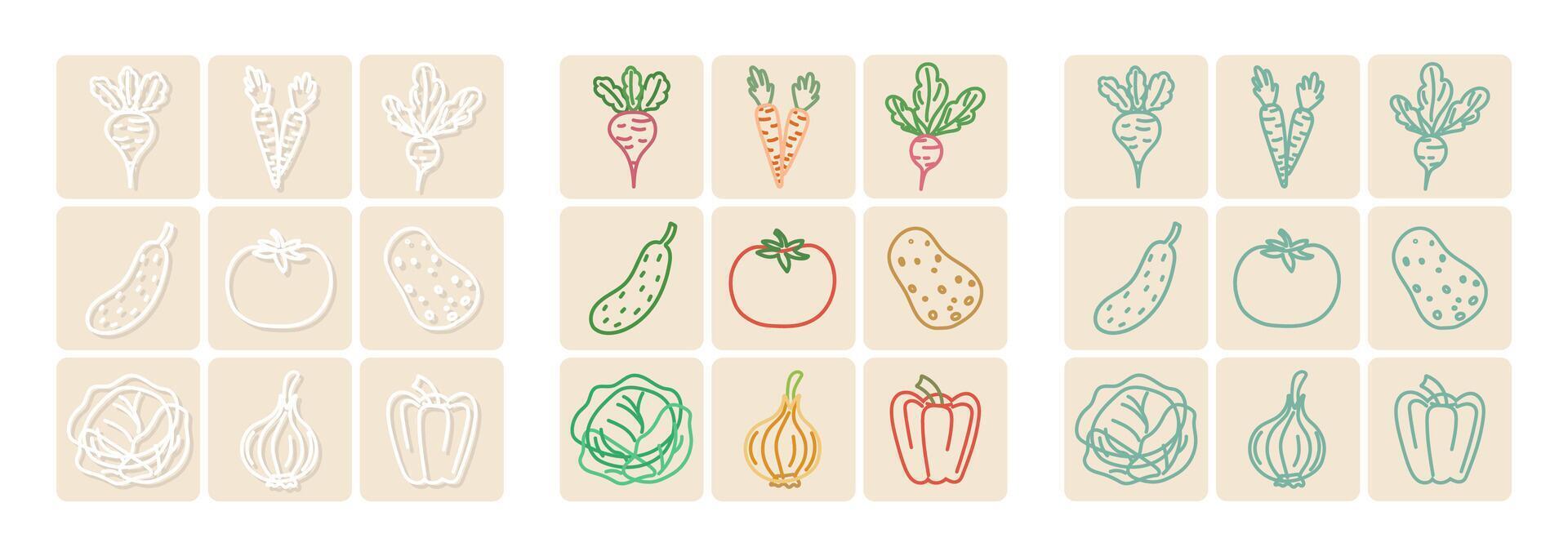 Set of vegetable icons in outlined style on beige background vector
