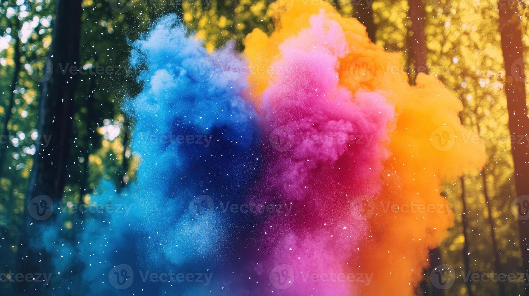 Colorful Dust Cloud Explosion in Forest Dynamic Powder Paint Burst with Trees photo