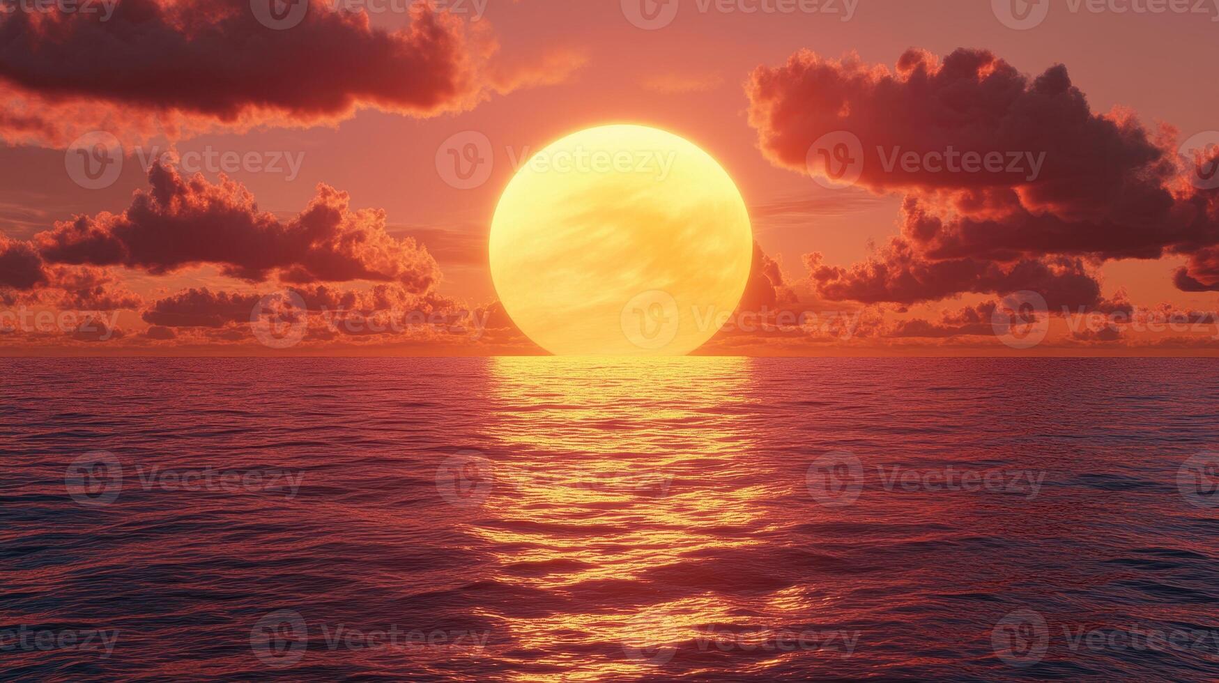 Fiery Sky Oversized Sun and Crimson Clouds Reflecting on a Calm Ocean at Sunset photo