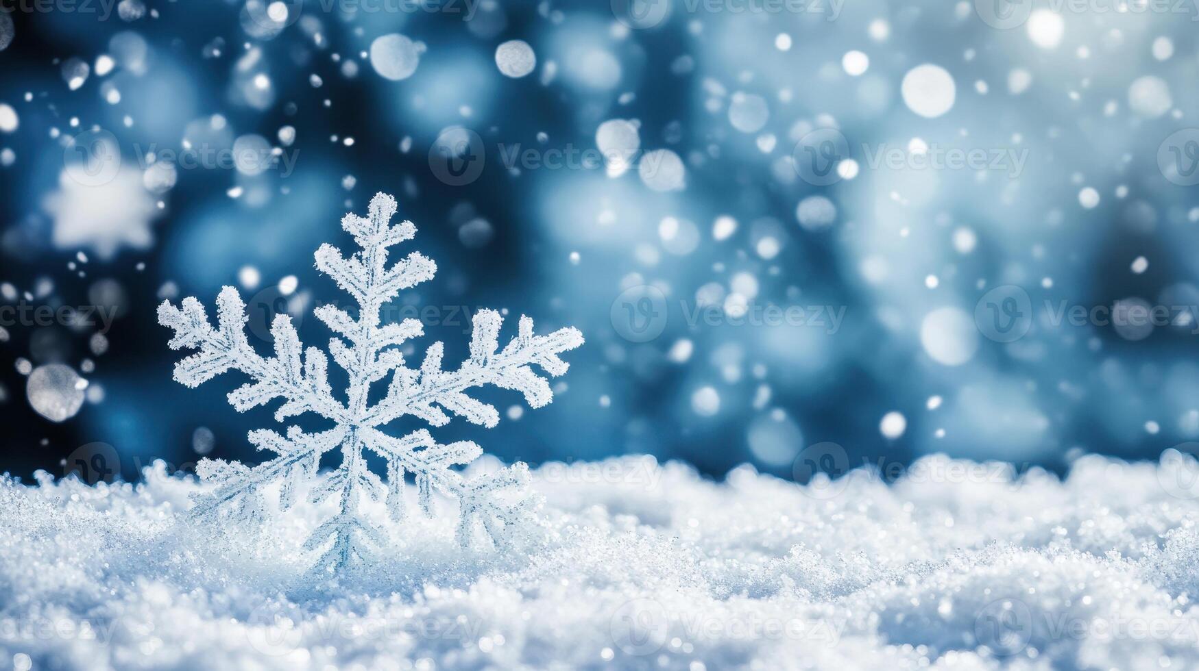 Winters Embrace A Frosty Snowflake Amidst Gentle Snowfalls Dreamy Light photo