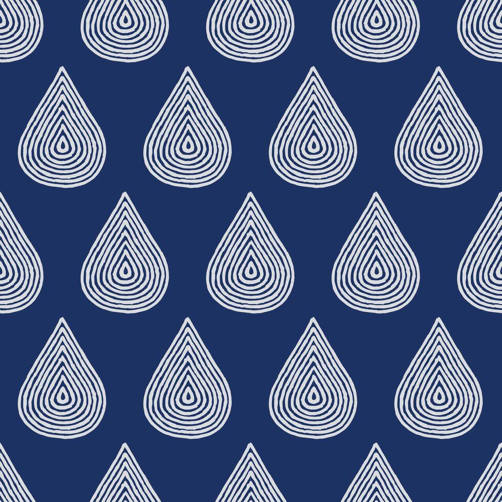 Hand drawn brush lines abstract raindrops seamless pattern in blue and white, Japanese and ethnic folk wood carving, block print texture background, simple graphic for carpet, textile vector