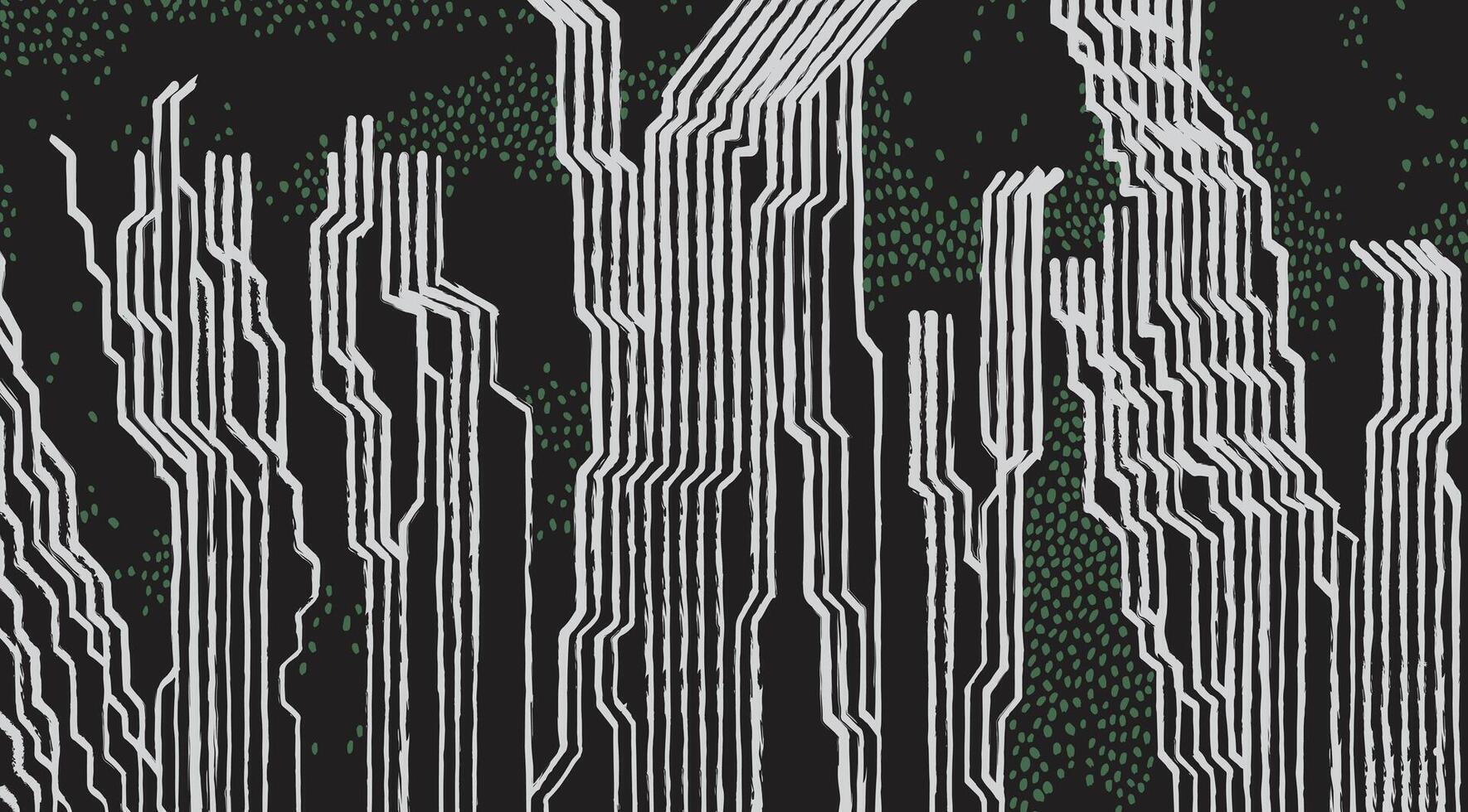 Crafted hand drawn brush lines and dot marked abstract waterfall pattern, Japanese and ethnic, tribal wood carving, block print texture background, irregular and creative graphic for textile vector