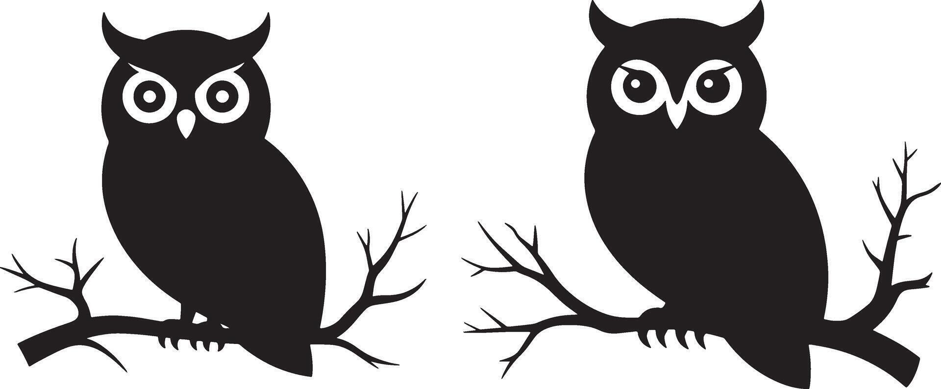 Two Owls Sitting On Branches Silhouette Illustration Black And White vector