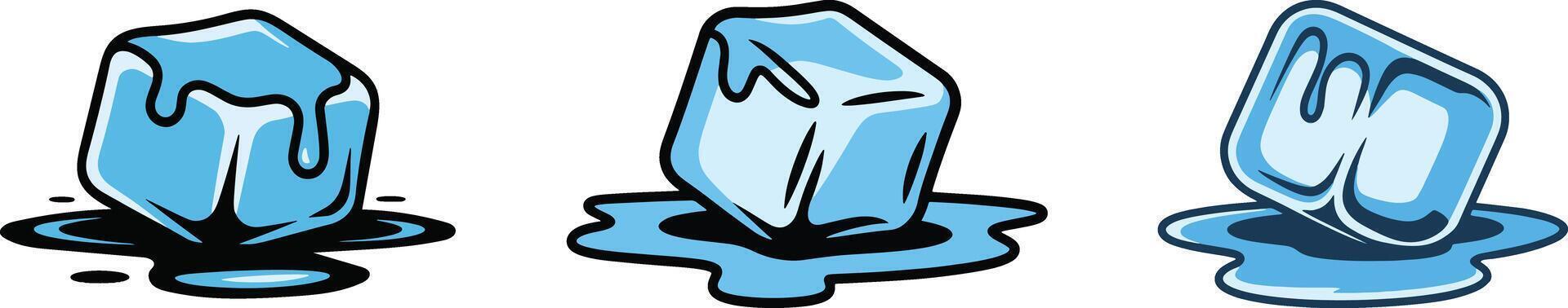 Cartoon Style Ice Cubes Melting With Water Puddles On A White Background vector