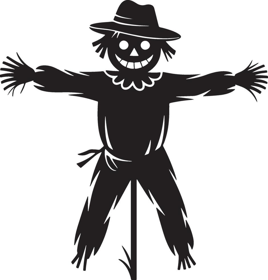 Monochrome Silhouette Of A Cheerful Halloween Scarecrow With Hat And Friendly Smile vector