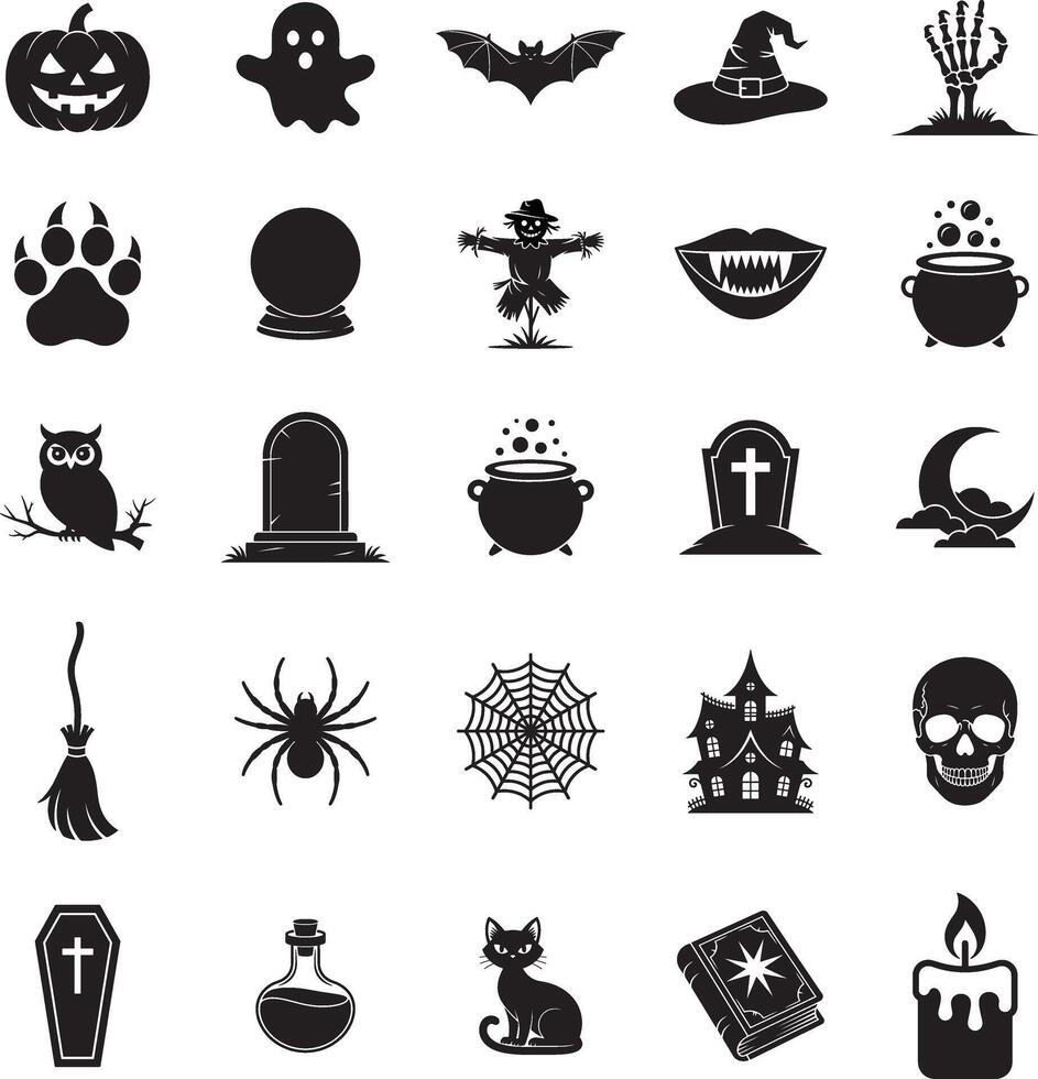 Black And White Halloween Icons Set With Pumpkin Ghost And Witch Elements vector