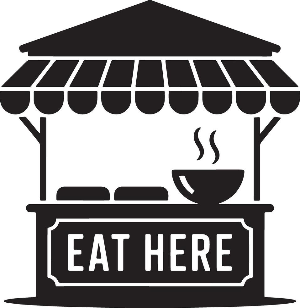 Black And White Illustration Of A Food Stall With Eat Here Sign vector