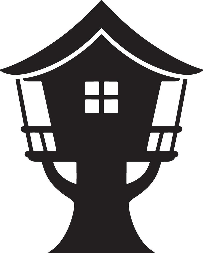 Black Silhouette Treehouse Illustration Minimalist Design For Children vector
