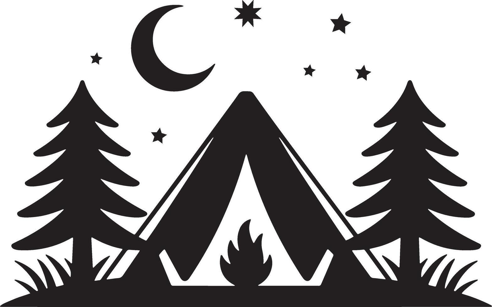 Black And White Camping Silhouette With Tent Trees Fire And Night Sky vector