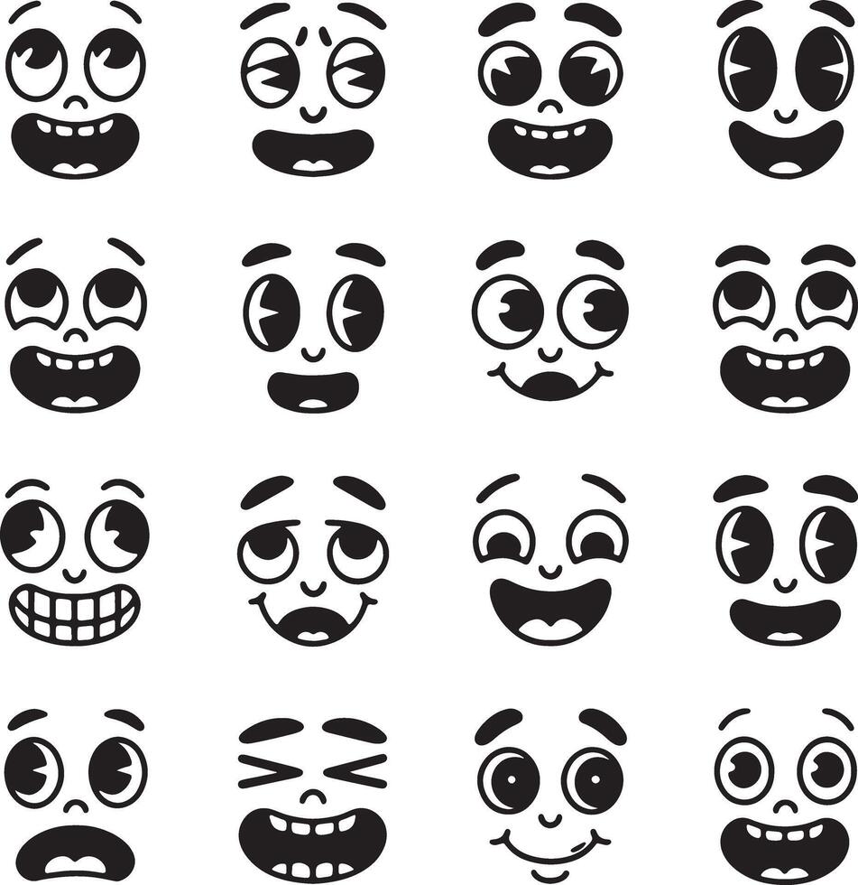 Set Of Funny Cartoon Faces With Various Expressions Black And White vector