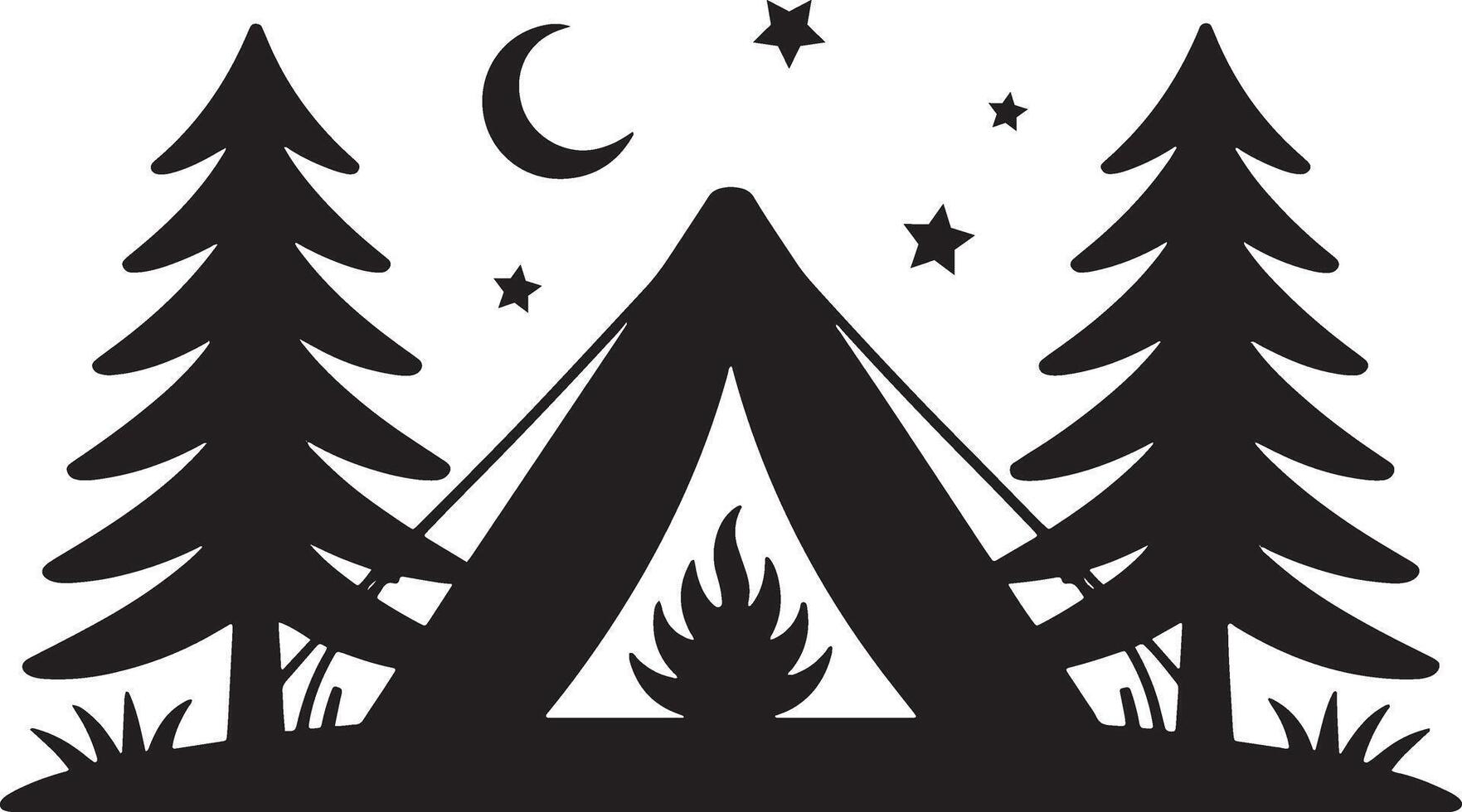 Camping Adventure At Night With Tent Fire Trees Stars And Crescent Moon Silhouette vector