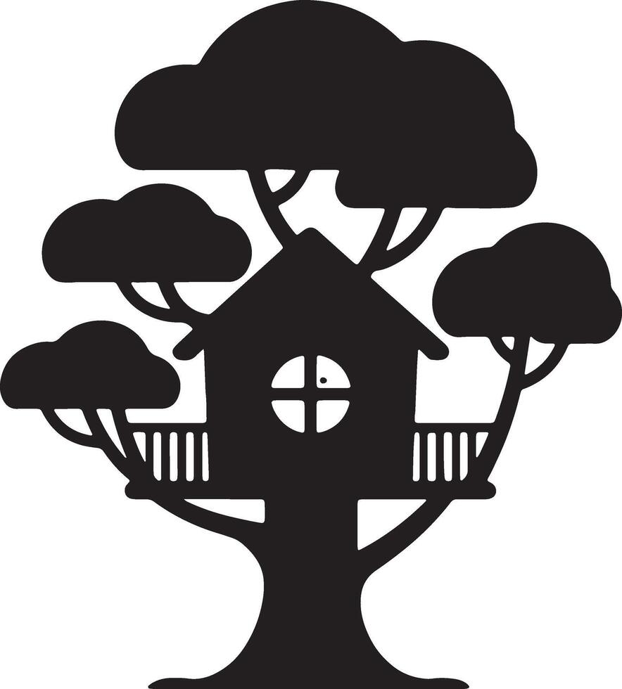 Treehouse Silhouette Whimsical Illustration Kids Adventure House In Tree vector