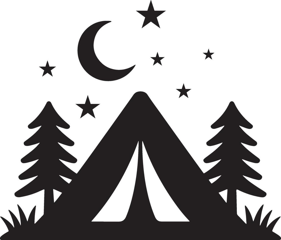 Camping Tent With Trees Under Crescent Moon And Stars Illustration vector