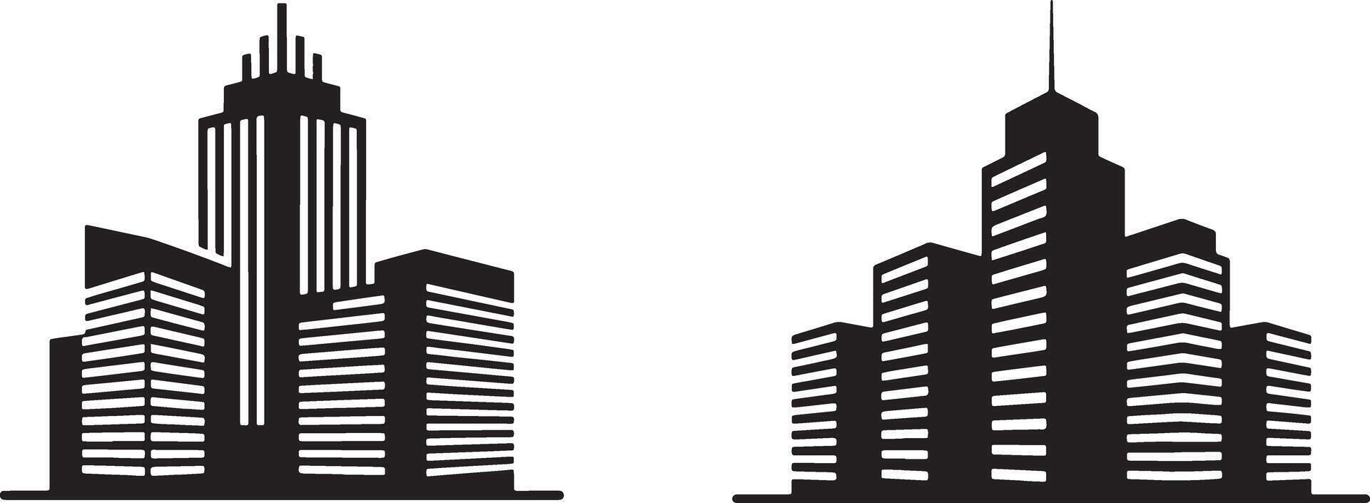 Two Sets Of Simple Black And White High Rise Building Silhouettes Isolated vector