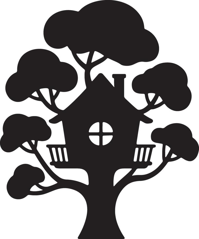 Silhouette Treehouse Illustration Whimsical Tree Fort Fantasy Play Area Design vector