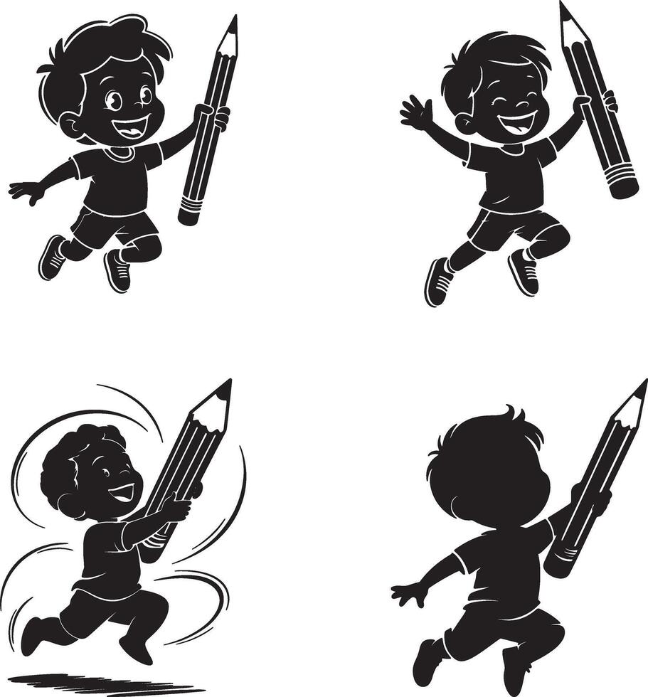 Happy Cartoon Boy Character With Pencil Jumping Illustration Set vector
