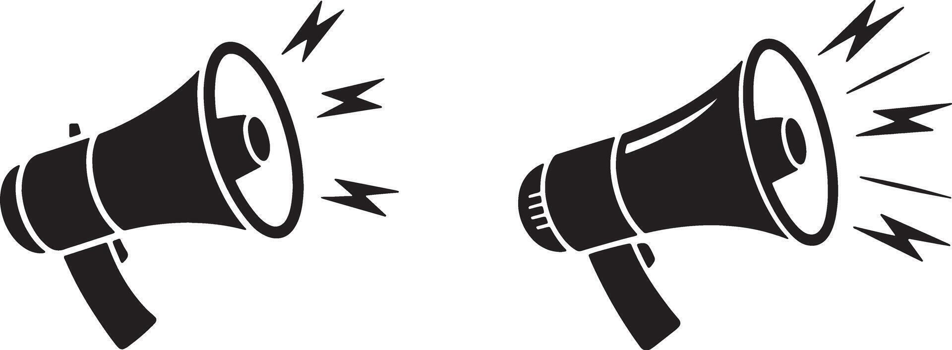 Two Black Megaphone Icon Vectors Announcing Loudly With Sound Waves Isolated On White