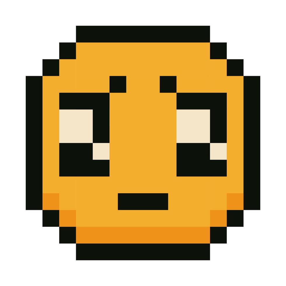 A sad pixel emoji face with large pleading eyes in 8-bit pixel art style vector